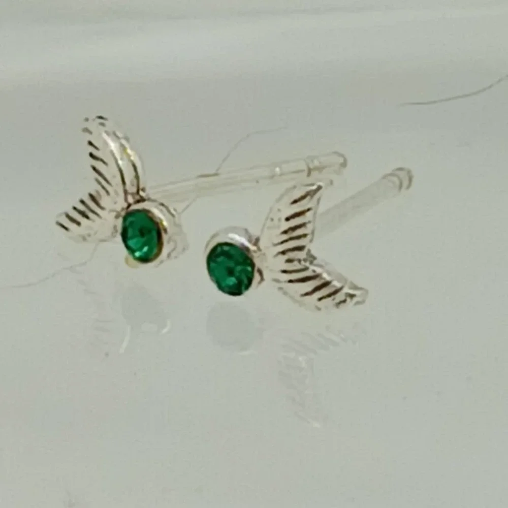 Sterling Silver 925 Mermaid Tail Stud Earrings Green Crystal Nautical Jewelry‎